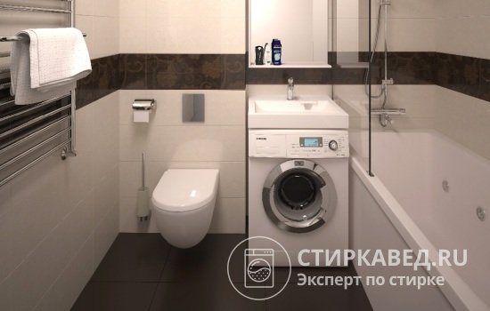 Установка стиральной машины под раковину значительно экономит место в ванной